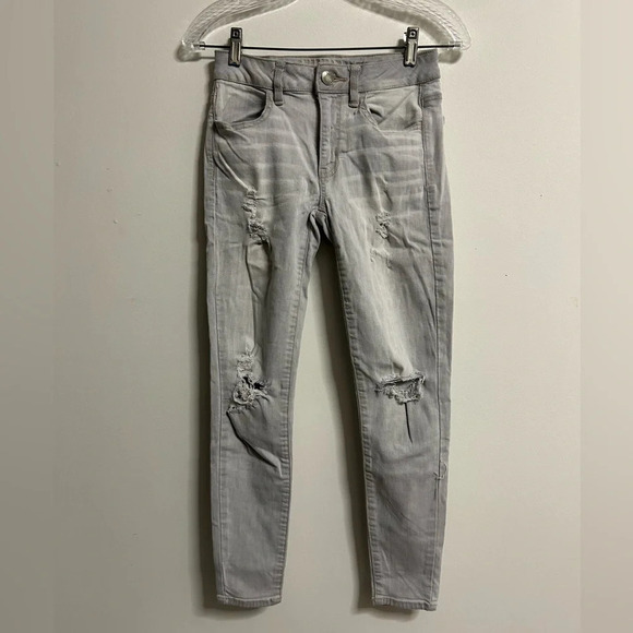 American Eagle Ripped Grey Super  Stretch Skinny Jeans - Picture 1 of 4